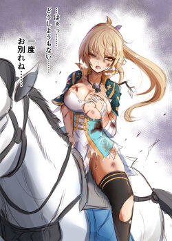 1girl armor arrow_(projectile) arrow_in_body bandages bleeding blonde_hair blood blood_from_mouth blood_on_arm blood_stain bloody_bandages breasts brown_eyes bruise bruise_on_face cleavage commentary_request cuts heavy_breathing highres horse injury long_hair medium_breasts open_mouth ponytail ryona scar shin_sangoku_musou shin_sangoku_musou_7 skirt suga_leon sweat thighhighs torn_clothes torn_thighhighs translation_request wang_yuanji_(shin_sangoku_musou) yellow_eyes