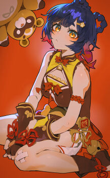 1girl blue_hair boots braid breasts brown_boots brown_gloves chinese_clothes commentary_request genshin_impact gloves guoba_(genshin_impact) hair_ornament hairclip highres indol looking_at_viewer medium_breasts red_background red_hair red_panda sitting sleeveless thighs xiangling_(genshin_impact) yellow_eyes