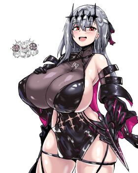 Rule 34 | 1girl, 1other, :d, black dress, black gloves, black ribbon, blush, breasts, chatterbox (nikke), cleavage, clothing cutout, detached sleeves, diadem, dress, geist43195783, gloves, goddess of victory: nikke, grey hair, hair ribbon, hand on own chest, highres, huge breasts, long hair, marian (nikke), modernia (nikke), modernia (second affection) (nikke), open mouth, rapture (nikke), red eyes, ribbon, see-through clothes, see-through cleavage, smile