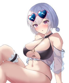 1girl azur_lane bikini black_bikini blue-tinted_eyewear breasts cleavage commentary eyewear_on_head feet_out_of_frame frilled_thigh_strap gunpuu hair_between_eyes heart heart-shaped_eyewear highres large_breasts looking_at_viewer navel o-ring o-ring_top official_alternate_costume pink-framed_eyewear pink_eyes short_hair simple_background sirius_(azur_lane) sirius_(scorching-hot_seirios)_(azur_lane) sitting solo sunglasses swimsuit thigh_strap tinted_eyewear white_background white_hair