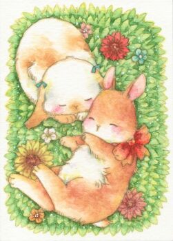 Rule 34 | animal, animal focus, bow, closed eyes, flower, fuwakoma, lying, no humans, original, painting (medium), rabbit, red bow, sleeping, traditional media, watercolor (medium)
