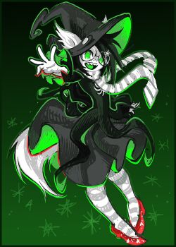 1girl absurdres animal_ears black_dress black_hair black_hat cbts004 colored_skin dog_ears dog_girl dog_tail dress full_body glasses god_tier_(homestuck) green_eyes hat highres homestuck jade_harley long_hair looking_at_viewer open_mouth outstretched_hand pantyhose red_shoes scarf shoes smile solo standing striped_clothes striped_pantyhose striped_scarf tail white_skin witch_hat