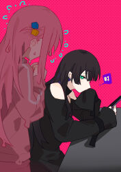 Rule 34 | 2girls, aqua eyes, black hair, bocchi the rock!, cellphone, commentary request, cube hair ornament, dotted background, flying sweatdrops, gotoh hitori, hair ornament, highres, holding, holding phone, jacket, long hair, long sleeves, looking at another, multicolored hair, multiple girls, nervous, pa-san, phone, pink background, pink jacket, purple hair, sitting, sleeves past wrists, smartphone, standing, streaked hair, sweat, thought bubble, track jacket, xmyishipi