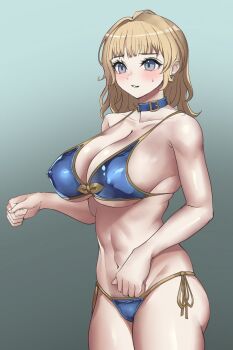 1girl bikini blonde_hair choker covered_erect_nipples highres rokuba side-tie_bikini_bottom sweat sweatdrop swimsuit tagme
