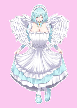 1girl absurdres angel_wings apron blue_dress blue_hair blue_shoes border breasts cleavage closed_eyes closed_mouth commentary_request crossed_ankles curtsey doraryu12 dress feathered_wings frilled_apron frilled_dress frills full_body highres large_breasts long_dress long_sleeves maid maid_headdress mary_janes medium_hair moira_(nijisanji) mole mole_on_breast nijisanji pantyhose pink_background shoes simple_background skirt_hold smile solo virtual_youtuber white_apron white_border white_pantyhose white_wings wings