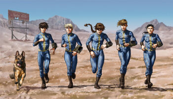 5boys absurdres billboard black_hair blonde_hair blue_jumpsuit boots braid brown_boots brown_hair chang_wufei commentary commission crossover damaged day desert dog dogmeat duo_maxwell english_commentary fallout fallout_4 german_shepherd gundam gundam_wing heero_yuy highres jumpsuit long_hair multiple_boys nuka_cola quatre_raberba_winner running sapphiregamgee short_hair trowa_barton vault_dweller vault_suit