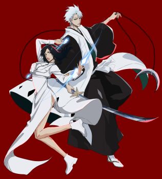 Rule 34 | 1boy, 1girl, almightybuttcheeks, alternate hairstyle, alternate universe, arrow (projectile), asymmetrical dual wielding, black hair, black hakama, bleach, bleach: epilogue, boots, bow (weapon), breasts, chain, commentary, cropped jacket, dress, dual wielding, english commentary, green eyes, grey eyes, grey hair, hair down, hakama, haori, height difference, highres, hitsugaya toushirou, hitsugaya toushirou (adult), holding, holding arrow, holding bow (weapon), holding chain, holding sword, holding weapon, jacket, japanese clothes, kurosaki karin, long dress, medium breasts, quincy (bleach), red background, sandals, shihakusho, side slit, socks, sword, taichou haori, weapon, white boots, white dress, white jacket, white socks, zanpakutou