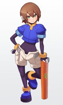 1girl absurdres aile_(mega_man_zx) black_bodysuit blue_jacket blush bodysuit bonoshii brown_hair cropped_jacket full_body green_eyes highres jacket mega_man_(series) mega_man_zx robot_ears short_hair shorts simple_background solo standing white_background white_shorts