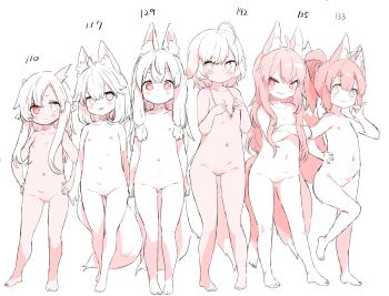 6+girls ahoge animal_ear_fluff animal_ears babalilo bar_censor barefoot blush censored completely_nude crossed_arms dog_ears dog_girl dog_tail flat_chest fox_ears fox_girl fox_shadow_puppet fox_tail full_body gluteal_fold hand_on_own_hip hands_on_own_chest hands_on_own_hips height_chart height_difference heterochromia highres jewelry loli long_hair looking_at_viewer monochrome multiple_girls multiple_tails navel necklace nipples nude original partially_colored pendant ponytail pussy rococo_(babalilo) short_eyebrows short_hair smile standing standing_on_one_leg stomach tail thick_eyebrows thigh_gap titi_(babalilo) uncensored