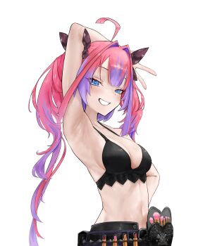 1girl absurdres ahoge arm_up armpit_focus armpits black_bra blue_eyes bra breasts commentary cosmetics cowboy_shot from_side grin hair_ribbon highres hololive hololive_dev_is kikirara_vivi large_breasts lipstick lipstick_tube looking_at_viewer makeup multicolored_hair navel nor_doto pink_hair presenting_armpit purple_hair ribbon simple_background smile smug solo standing streaked_hair underwear untranslatable_commentary virtual_youtuber white_background