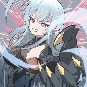 Rule 34 | 1girl, ahoge, black gauntlets, blue dress, blue eyes, breasts, clawed gauntlets, dress, gauntlets, general geega, grey hair, heterochromia, highres, huge ahoge, kinuge mouse, large breasts, leotard, long hair, looking at viewer, pointy ears, reaching, reaching towards viewer, red eyes, see-through cleavage, see-through clothes, see-through leotard, sideboob, single gauntlet, virtual youtuber, vshojo