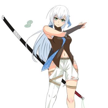 1girl asymmetrical_legwear bare_shoulders blue_necktie breasts bridal_gauntlets closed_mouth commentary_request countdown crossed_bangs denim double-parted_bangs eiyuu_densetsu floating_hair floating_neckwear green_eyes hair_between_eyes holding holding_sword holding_weapon jeans kuro_no_kiseki kuro_no_kiseki_(series) kuro_no_kiseki_ii long_hair looking_at_viewer loose_necktie medium_breasts navel necktie pants partially_unbuttoned rope shimenawa shirt shizuna_rem_misurugi sidelocks simple_background sleeveless sleeveless_shirt smile solo sword torn_clothes torn_jeans torn_pants upper_body weapon white_background white_hair white_pants yoruno_mao