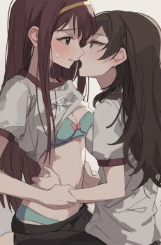 2girls absurdres black_hair black_shoes blush bra girl_on_top gym_shirt gym_shorts gym_uniform hair_ornament hairband hairclip hand_on_another&#039;s_arm hands_on_another&#039;s_hips hano9789 highres idolmaster idolmaster_million_live! imminent_kiss kitazawa_shiho long_hair multiple_girls panties red_eyes red_hair shirt shoes shorts simple_background sweatdrop tanaka_kotoha underwear undressing white_background white_shirt yellow_eyes yellow_hairband yuri