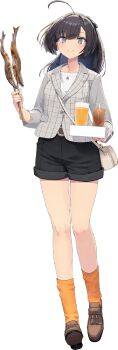 1girl ahoge akizuki_(kancolle) akizuki_(saury_festival)_(kancolle) bag black_hair drink fish grey_eyes kantai_collection looking_at_viewer orange_socks shizuma_yoshinori shoes short_hair socks transparent_background