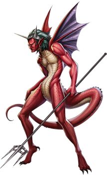 1boy artist_request belial_(megami_tensei) black_claws closed_mouth demon_(megami_tensei) dragon_boy dragon_tail earrings fake_horns frown green_hair highres holding holding_polearm holding_weapon horned_headwear horns jewelry official_art persona persona_5 persona_5:_the_phantom_x pointy_ears polearm purple_eyes red_scales shin_megami_tensei solo spiked_tail tail third-party_source transparent_background trident weapon wings