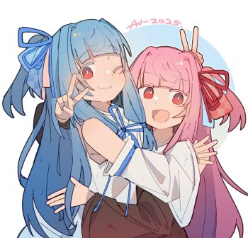 2girls :d bare_shoulders blue_hair blunt_bangs brown_dress brown_sleeves bunny_ears_prank commentary detached_sleeves dress hair_intakes hair_ornament highres hug kotonoha_akane kotonoha_aoi long_hair low-tied_sidelocks multiple_girls mutual_hug nimingduz one_eye_closed one_side_up open_mouth pink_hair red_eyes sidelocks simple_background sleeveless sleeveless_dress smile symbol-only_commentary upper_body v voiceroid white_background white_dress white_sleeves wide_sleeves