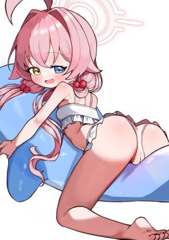 1girl ahoge blue_archive blue_eyes blush dolphin fang halo heterochromia highres hoshino_(blue_archive) hoshino_(swimsuit)_(blue_archive) led_winter little_fang loli open_mouth pink_hair pink_halo solo swimsuit white_background yellow_eyes