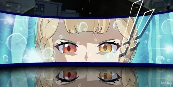 ! !! 1girl alice_thymefield artist_name bilingual_commentary blonde_hair braid commentary double-parted_bangs english_commentary eye_focus game_screenshot_background heterochromia highres kurimako looking_at_viewer mixed-language_commentary persona persona_3 persona_3_reload persona_eyes red_eyes reflection screenshot_background solo v-shaped_eyebrows yellow_eyes zenless_zone_zero