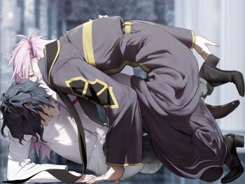 2boys antenna_hair black_shoes blue_hair blurry blurry_background coat commentary_request dark_blue_hair duckchuni gold_trim grey_pants hatsutori_hajime korean_commentary long_hair long_sleeves male_focus messy multiple_boys pants parted_bangs pink_hair purple_coat saibou_shinkyoku shirt shoes stole stuck_in_a_box utsugi_noriyuki white_pants white_shirt yaoi