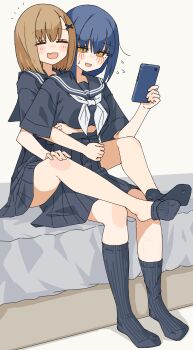 2girls :d @_@ ^_^ absurdres bed black_sailor_collar black_serafuku black_shirt black_skirt black_socks blue_hair blush_stickers breasts brown_eyes brown_hair cellphone closed_eyes commentary_request fang flying_sweatdrops grey_background hair_ornament hairclip half-closed_eyes highres holding holding_phone hug hug_from_behind kopaka_(karda_nui) multiple_girls neckerchief no_shoes on_bed open_mouth original phone pleated_skirt ribbed_socks sailor_collar school_uniform serafuku shirt simple_background sitting skirt small_breasts small_sweatdrop smile socks sweat white_neckerchief x_hair_ornament yuri