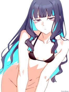 1girl bare_shoulders black_bra black_hair blue_hair bottomless bra breasts collarbone colored_inner_hair dantonphanton eyeliner fate/grand_order fate_(series) grey_eyes highres long_hair looking_at_viewer makeup multicolored_hair navel sidelocks small_breasts tenochtitlan_(fate) underwear