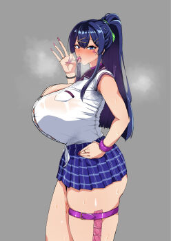 1girl aomiya_mizuha_(juukon_sentai_juusoldier) blue_skirt blush breasts candy collared_shirt condom contrast_collar drooling fellatio_gesture food from_side gigantic_breasts goto_nanao hair_between_eyes hand_on_own_hip high_ponytail juukon_sentai_juusoldier_(takeda_hiromitsu) lollipop long_sidelocks looking_at_viewer microskirt narrowed_eyes plaid_clothes plaid_skirt pleated_skirt ponytail shirt sidelocks skirt sleeveless sleeveless_shirt standing sweat tight_clothes tight_shirt tongue tongue_out white_shirt