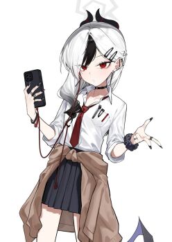 1girl barbell_piercing black_hair black_nails black_skirt blue_archive cellphone choker clothes_around_waist demon_horns ear_piercing earphones fataaa hair_ornament hairclip halo highres holding holding_phone horns industrial_piercing jacket jacket_around_waist kayoko_(blue_archive) long_hair multicolored_hair nail_polish necktie phone piercing pleated_skirt red_eyes red_necktie skirt smartphone solo two-tone_hair v white_hair