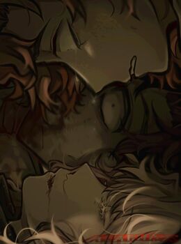 Rule 34 | 1girl, 2boys, alaphix, alien stage, artist name, blonde hair, blood, brown hair, closed eyes, comic panel redraw, commentary, corpse, dead plate, derivative work, looking at another, marieanne vacher, multiple boys, rody lamoree, tears, vincent charbonneau