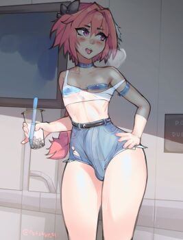 1boy astolfo_(fate) bubble_tea bulge choker cup denim denim_shorts drinking_straw erection erection_under_clothes fate_(series) hand_on_own_hip male_focus nail_polish nelewdy open_mouth pink_eyes pink_hair pink_nails see-through_clothes see-through_shirt shorts solo steam sweatdrop thighs tongue tongue_out trap