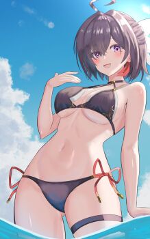 1girl absurdres ahoge atelier_(series) atelier_yumia bikini black_bikini black_hair blue_sky breasts colored_inner_hair commentary_request cowboy_shot highres light_blush looking_at_viewer medium_breasts mole mole_under_eye multicolored_hair navel open_mouth purple_eyes short_hair side-tie_bikini_bottom sky smile solo stomach swimsuit tarutaru193 thigh_strap triangle_bikini_top wading yumia_liessfeldt
