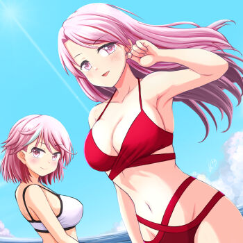 2girls bikini blue_sky breasts day giuseppe_garibaldi_(kancolle) highres kantai_collection large_breasts long_hair looking_at_viewer luigi_di_savoia_duca_degli_abruzzi_(kancolle) multiple_girls navel outdoors pink_eyes pink_hair red_bikini short_hair sky smile sosser swimsuit white_bikini