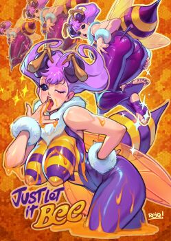 1girl antennae arthropod_girl artist_name ass bad_tag bee bodysuit breasts bug covered_erect_nipples darkstalkers feet female hand_on_own_hip highres honey impossible_clothes insect insect_wings large_breasts licking looking_at_viewer monster_girl nail_polish one_eye_closed open_mouth pantyhose purple_bodysuit purple_hair purple_pantyhose q-bee reiq short_hair solo stirrup_legwear toeless_legwear toenail_polish toenails toes tongue tongue_out wings
