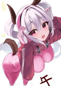 1girl 2026 alice_(nikke) animal_ears blush bodysuit breasts chinese_zodiac cleavage fake_animal_ears gloves goddess_of_victory:_nikke hair_ornament headphones headset highres horse_ears horse_tail impossible_bodysuit impossible_clothes kurono_suzuran large_breasts latex latex_bodysuit long_hair looking_at_viewer multicolored_gloves open_mouth pink_bodysuit pink_eyes pink_hair shrug_(clothing) simple_background skin_tight smile solo tail twintails two-tone_gloves very_long_hair white_background year_of_the_horse