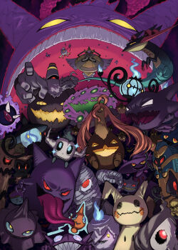 absurdres aegislash alternate_color banette blue_fire chandelure cofagrigus colored_sclera commentary dragapult drifblim drifloon dusclops dusknoir duskull dynamax english_commentary fire flomeki gastly gen_1_pokemon gen_2_pokemon gen_3_pokemon gen_4_pokemon gen_5_pokemon gen_6_pokemon gen_7_pokemon gen_8_pokemon gengar gigantamax gigantamax_gengar glowing glowing_eyes gourgeist haunter highres lampent legendary_pokemon litwick long_hair looking_at_viewer marshadow mimikyu misdreavus mismagius mythical_pokemon nintendo no_humans open_mouth orange_hair outline phantump pokemon pokemon_(creature) reaching reaching_towards_viewer red_outline red_sclera rotom rotom_(normal) sableye shiny_pokemon shuppet sinistea sparkle spiritomb teeth tongue tongue_out trevenant yamask