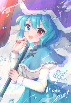 1girl :d blue_capelet blue_eyes blue_hair blue_skirt blush buttons capelet commentary frilled_capelet frills heterochromia highres holding holding_umbrella juliet_sleeves karakasa_obake long_sleeves looking_at_viewer mirei_(miirei) open_mouth puffy_sleeves purple_umbrella rain red_eyes shirt short_hair signature skirt smile solo tatara_kogasa thank_you touhou umbrella upper_body white_shirt