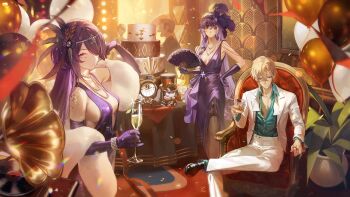 1boy 2girls acheron_(honkai:_star_rail) anniversary aventurine_(honkai:_star_rail) bare_shoulders black_swan_(honkai:_star_rail) blonde_hair breasts cleavage commentary daniel_deng dress elbow_gloves english_commentary gloves hair_between_eyes hair_over_one_eye highres honkai:_star_rail honkai_(series) long_hair medium_breasts multiple_girls purple_dress purple_eyes purple_hair short_hair very_long_hair