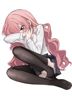1girl absurdres angry black_pantyhose child commentary_request convenient_leg covering_face embarrassed highres long_hair long_sleeves looking_at_viewer louise_francoise_le_blanc_de_la_valliere nagata_gata pantyhose pink_eyes pink_hair pleated_skirt simple_background skirt solo tsundere v-shaped_eyebrows white_background zero_no_tsukaima