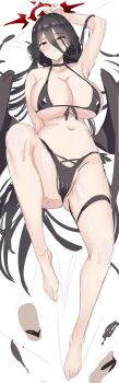 1girl ass bikini black_bikini black_choker black_wings blue_archive breasts cameltoe choker commentary_request cross_halo feathered_wings front-tie_bikini_top front-tie_top grabbing_own_ass hair_between_eyes halo hasumi_(blue_archive) hasumi_(swimsuit)_(blue_archive) highleg highleg_bikini highres huge_breasts long_hair_between_eyes loosely_tucked_bangs low_wings navel neropaso official_alternate_costume official_alternate_hairstyle oversized_wings red_halo sketch solo swimsuit wings