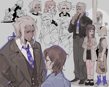 ! 3boys 3girls angry black_jacket black_shorts blue_eyes blue_necktie blue_ribbon brown_hair cigarette classicaloid cup drinking duck_print facial_hair goatee_stubble grey_hair hair_ornament hairclip highres holding holding_cup jacket johann_sebastian_bach_(classicaloid) long_sleeves ludwig_van_beethoven_(classicaloid) mary_janes multiple_boys multiple_girls multiple_views mustache_stubble necktie octahooves otowa_kanae pink_hair ponytail pyotr_illyich_tchaikovsky_(classicaloid) ribbon shoes short_hair shorts smoking spilling spoken_exclamation_mark stubble tekla_badarzewska-baranowska_(classicaloid) trash_can wolfgang_amadeus_mozart_(classicaloid)