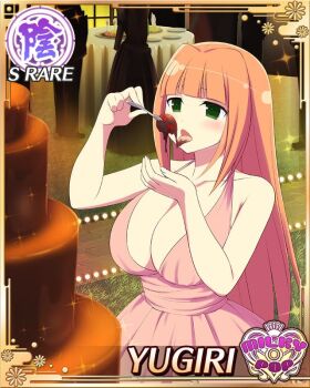 1girl blush border breasts card_(medium) chocolate chocolate-covered_food chocolate_fountain chocolate_on_face chocolate_strawberry cleavage cupping_hands dress dripping eating english_text fondue food food_on_face fork game_cg green_eyes hime_cut holding holding_fork large_breasts looking_at_viewer non-web_source official_alternate_costume official_art orange_hair own_hands_together pink_dress senran_kagura senran_kagura_new_wave solo tongue tongue_out yugiri_(senran_kagura)