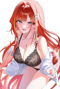 1girl absurdres akane_lize aol_lo_a black_bra black_panties bra breasts champagne_flute cleavage collarbone commentary cross cross_earrings cup drinking_glass ear_chain earrings fingernails grey_eyes hair_ornament hairclip highres holding holding_cup jewelry large_breasts leaning_forward lingerie linked_piercing long_hair long_sleeves looking_at_viewer mole mole_under_eye multicolored_hair navel no_pants off_shoulder open_clothes open_mouth open_shirt panties parted_bangs piercing red_hair red_nails shirt simple_background smile solo standing stellive streaked_hair underwear very_long_hair virtual_youtuber white_background white_shirt