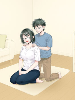 1boy 1girl and_opi blue_pants blue_shirt breasts brown_pants closed_eyes closed_mouth collarbone commentary_request couch full_body glasses green_eyes green_hair happy highres indoors living_room looking_at_another massage mat medium_breasts mother_and_son open_mouth original own_hands_together pants pillow shirt short_hair short_sleeves shoulder_massage smile t-shirt v-neck white_shirt wooden_floor
