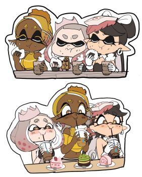 3girls black_hair blonde_hair bow-shaped_hair cake cake_slice callie_(splatoon) closed_eyes colored_eyelashes crop_top crown dark-skinned_female dark_skin drinking_straw earrings eating fingerless_gloves food food_on_face food_on_head frye_(splatoon) gloves gradient_hair highres inkling jewelry long_hair long_pointy_ears mole mole_under_eye mole_under_mouth multicolored_hair multiple_earrings multiple_girls nintendo object_on_head onigiri pearl_(splatoon) pointy_ears splatoon_(series) splatoon_1 splatoon_2 splatoon_3 steaming_cup tentacle_hair yellow_eyes yuta_agc zipper_pull_tab