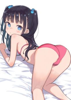1girl all_fours ass bed bikini black_hair blue_eyes class_president_(monomono) flat_chest hair_bobbles hair_ornament highres loli long_hair monomono on_bed original simple_background swimsuit twintails white_background
