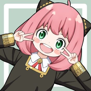 1girl anya_(spy_x_family) black_dress double_v dr_pepsi2 dress eden_academy_school_uniform green_eyes hairpods long_sleeves looking_at_viewer open_mouth pink_hair school_uniform short_hair simple_background solo spy_x_family teeth upper_body upper_teeth_only v