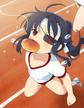 2girls ahoge black_hair blush bread bread_eating_race bun_(food) buruma collarbone cosplay eyepatch flat_chest food food_in_mouth game_cg gym_shirt gym_uniform holding holding_food long_hair lowres mirai_(senran_kagura) mirai_(senran_kagura)_(cosplay) mitsudomoe_(shape) mouth_hold multiple_girls non-web_source official_alternate_hairstyle official_art ponytail red_buruma red_eyes red_trim running running_track senran_kagura senran_kagura_new_wave senran_kagura_shoujo-tachi_no_shin'ei shirt shoes sneakers socks solo_focus sports_festival string sweat tomoe_(symbol) white_shoes white_socks