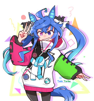 1girl @_@ ahoge animal_ears beer_hsk black_pantyhose blue_hair blush drawstring grin hair_between_eyes hand_up heterochromia highres horse_ears horse_girl horse_tail jacket long_hair long_sleeves pantyhose puffy_long_sleeves puffy_sleeves purple_eyes sharp_teeth short_eyebrows smile solo stuffed_animal stuffed_rabbit stuffed_toy tail teeth thick_eyebrows twin_turbo_(umamusume) twintails umamusume v v-shaped_eyebrows very_long_hair white_jacket