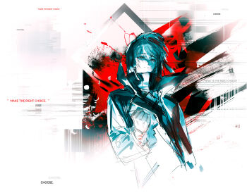 Rule 34 | 1boy, absurdres, arknights, buttons, clenched hand, closed mouth, color contrast, commentary, doctor (arknights), double-parted bangs, english commentary, english text, floating clothes, floating hair, gloves, hair between eyes, hand up, high collar, highres, hood, hood up, jacket, lapels, light frown, limited palette, long sleeves, looking at viewer, male doctor (arknights), male focus, open clothes, open jacket, short hair, solo, splatter, upper body, yomi tamashi