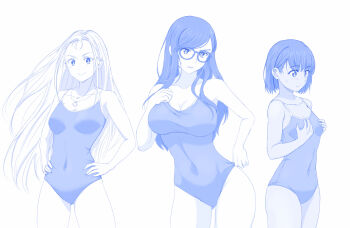 3girls adjusting_clothes annoyed breast_envy breasts cleavage covered_navel glasses hands_on_own_hips highres kofune_mio kofune_ushio large_breasts long_hair looking_at_viewer medium_breasts minakata_hizuru multiple_girls one-piece_swimsuit small_breasts smile summertime_render swimsuit take_your_pick viperxtr