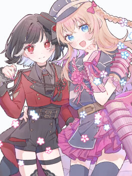 2boys :d absurdres arm_around_waist armor ascot belt black_choker black_hair black_necktie black_shorts black_skirt black_thighhighs blonde_hair blue_eyes blush bow braid brown_belt choker closed_mouth collared_shirt colored_inner_hair cowboy_shot cropped_jacket enon_kt eyeshadow flower flower_knot frilled_sleeves frills grey_hat grey_jacket grey_shirt haidate hair_bow hand_on_own_cheek hand_on_own_face hat highres jacket japanese_armor kote kyogoku_masamune lace lace-trimmed_sleeves lace_sleeves lace_trim layered_skirt legband long_hair long_sleeves looking_at_viewer makeup male_focus midare_toushirou midare_toushirou_(kiwame) mini_hat multicolored_hair multiple_boys necktie open_mouth overskirt pink_ascot pink_bow pink_nails pink_skirt red_eyes red_eyeshadow red_jacket shirt short_hair short_sleeves shorts shoulder_armor side_braid sidelocks simple_background skirt smile sode standing streaked_hair tassel thighhighs touken_ranbu trap two-tone_hair white_background white_hair wing_collar